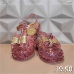 Sandália Juju Cristal Gliter Laço Rosa/Dourado 3005