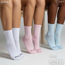 Meias Hoahi Kit 3x1 Cano Longo Branco/Azul/Rosa 19135